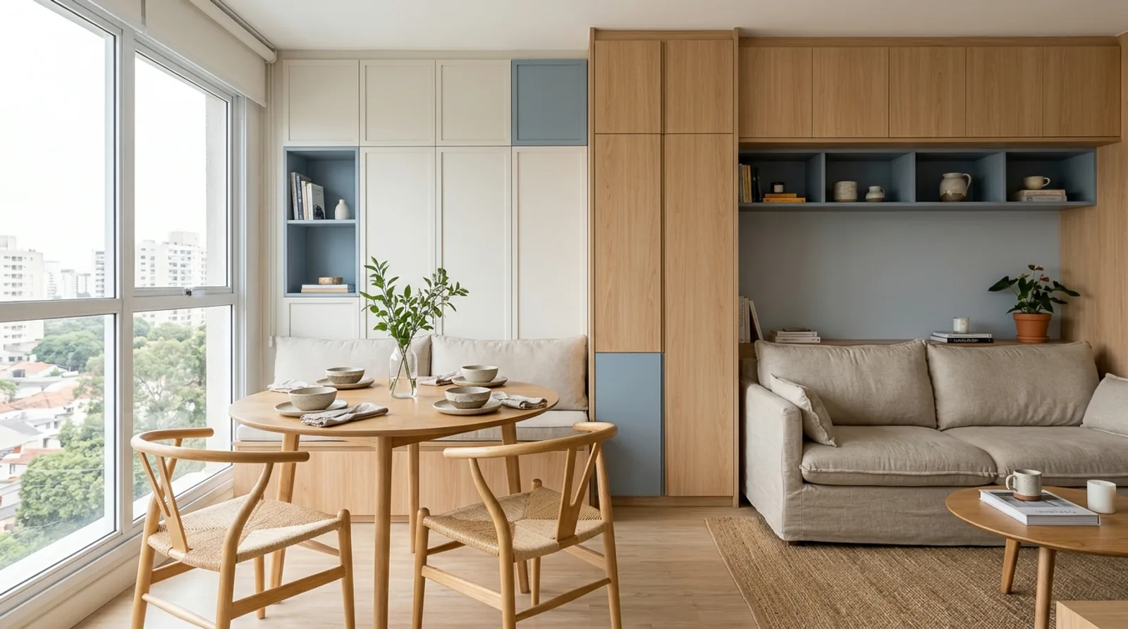 Living integrado contemporâneo com marcenaria sob medida em freijó natural, laca off-white fosca, painel ripado mimetizando porta e iluminação indireta quente em apartamento compacto.